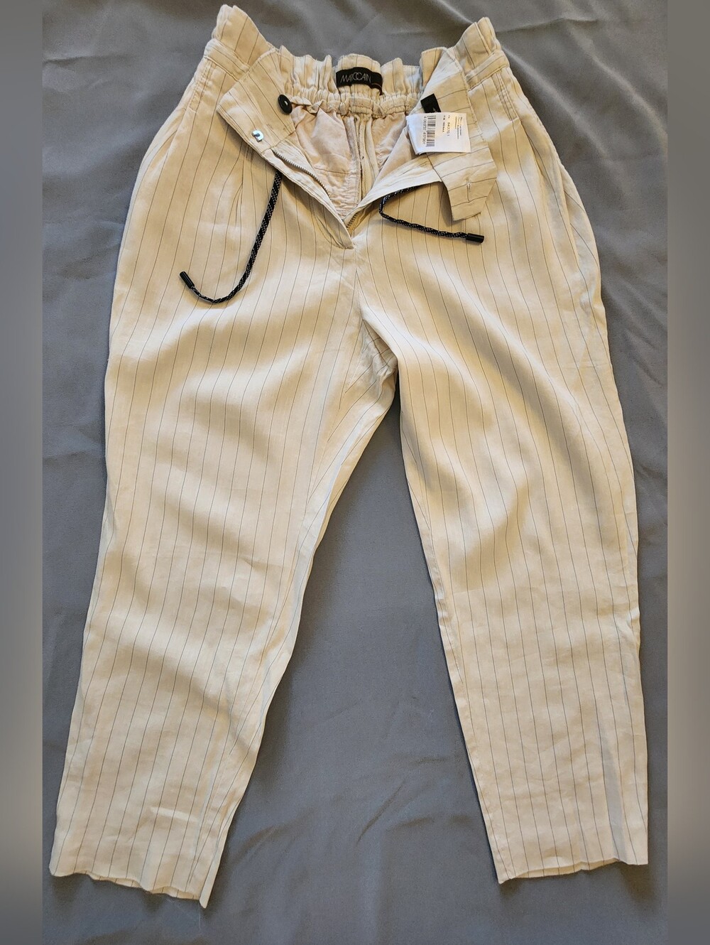 Marc Cain Beige Pinstripe Paperbag Pants Italian Fabric - Size N2 US 4